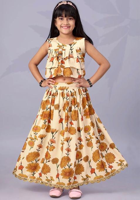 Beige Floral Viscose Lehenga Set For Girls — view on Indya