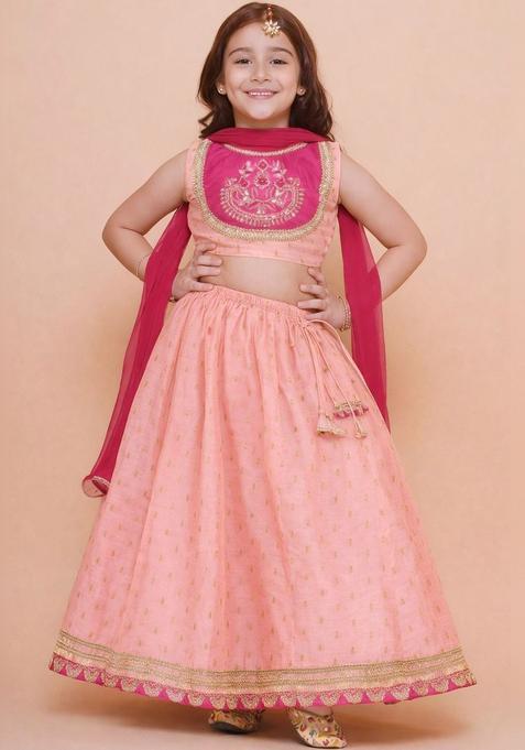 Peach Embroidered Silk Lehenga Set For Girls — view on Indya