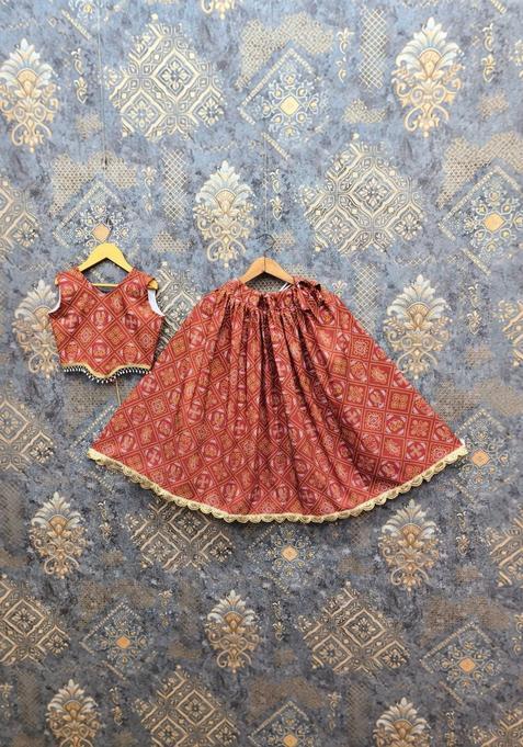 Red Printed Viscose Lehenga Set For Girls — view on Indya