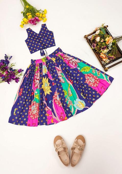 Blue Printed Cotton Lehenga Set For Girls — view on Indya