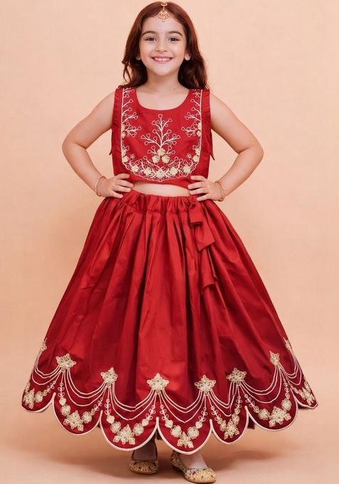Red Embroidered Silk Lehenga Set For Girls — view on Indya