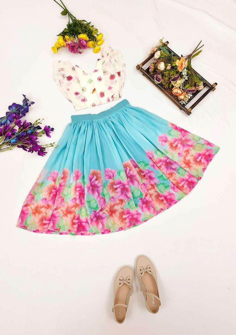 Multi Floral Georgette Lehenga Set For Girls - Indya
