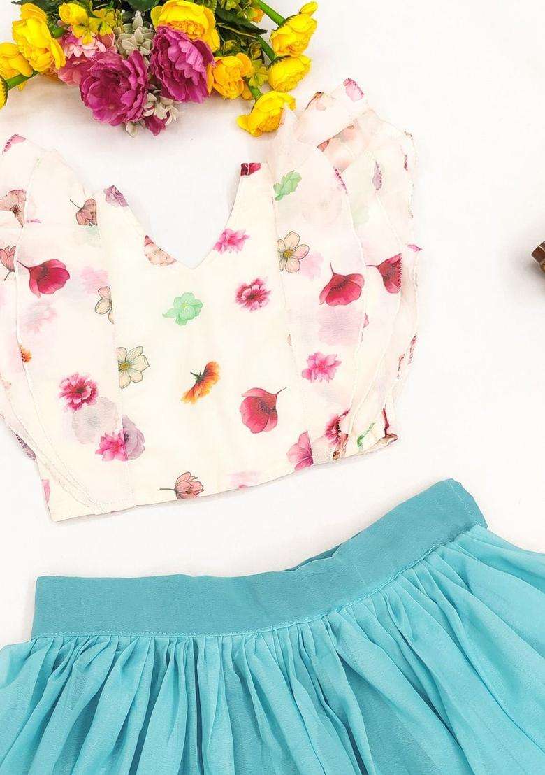 Multi Floral Georgette Lehenga Set For Girls - Indya
