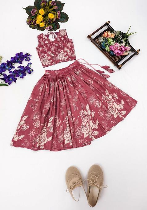 Maroon Printed Cotton Lehenga Set For Girls — view on Indya