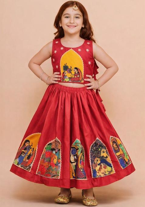 Red Embellished Cotton Lehenga Set For Girls — view on Indya