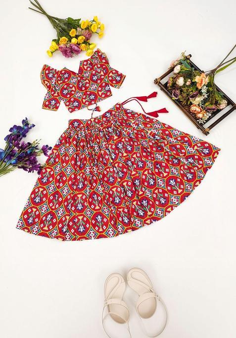 Red Printed Cotton Lehenga Set For Girls — view on Indya