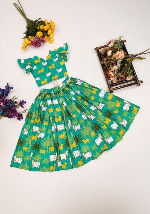 Green Printed Cotton Lehenga Set For Girls — view on Indya