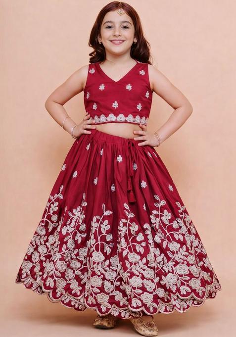 Maroon Embroidered Silk Lehenga Set For Girls — view on Indya