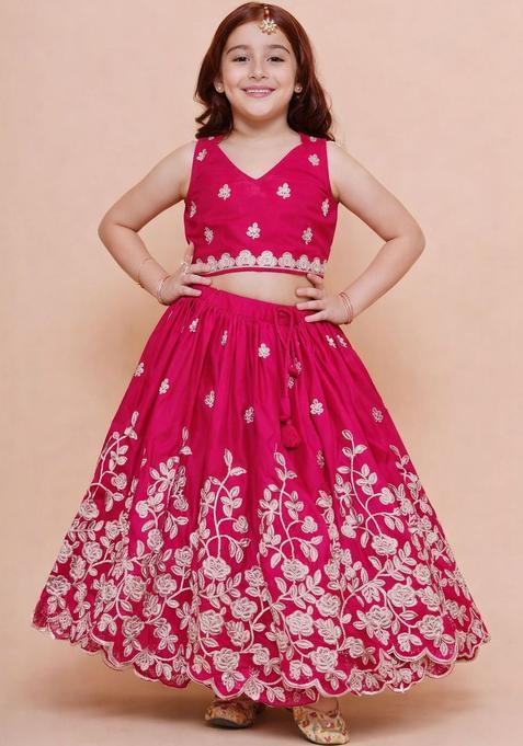 Pink Embroidered Silk Lehenga Set For Girls — view on Indya
