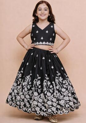 Black Embroidered Silk Lehenga Set For Girls