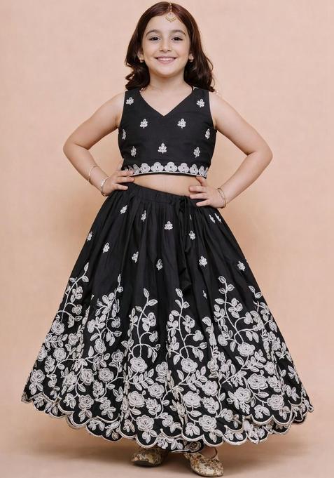 Black Embroidered Silk Lehenga Set For Girls — view on Indya