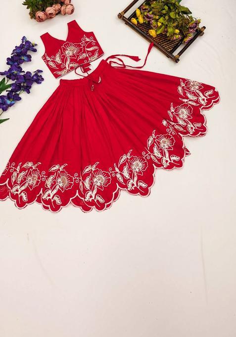 Red Embroidered Silk Lehenga Set For Girls — view on Indya