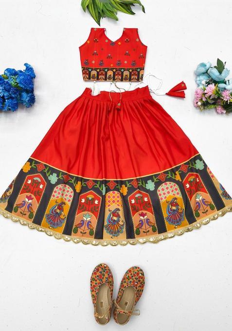 Red Printed Viscose Lehenga Set For Girls — view on Indya