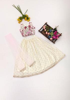 White Embroidered Cotton Lehenga Set For Girls