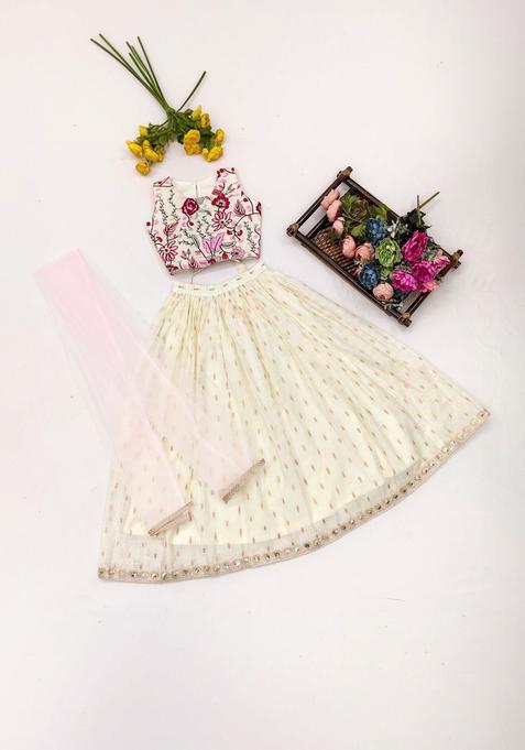 White Embroidered Cotton Lehenga Set For Girls — view on Indya