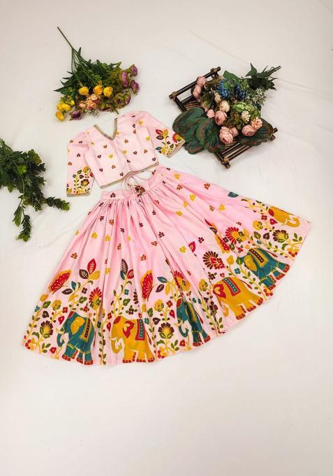 Pink Printed Silk Lehenga Set For Girls — view on Indya