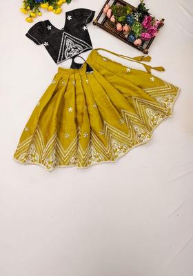 Yellow Embroidered Silk Lehenga Set For Girls