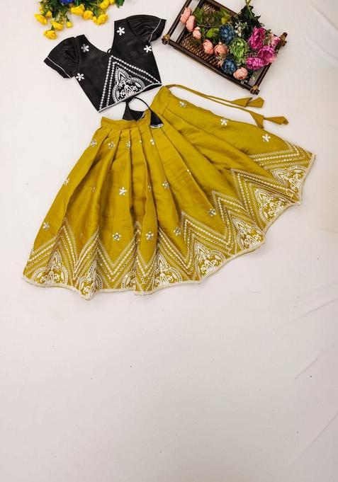 Yellow Embroidered Silk Lehenga Set For Girls — view on Indya