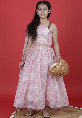 Pink Printed Organza Lehenga Set For Girls