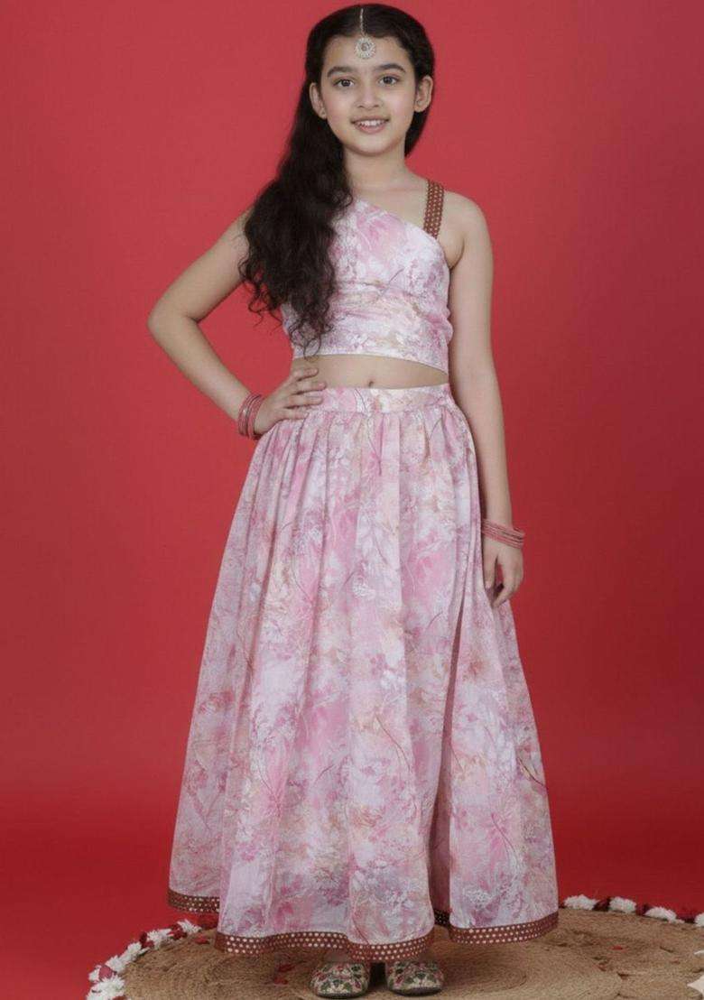 Pink Printed Organza Lehenga Set For Girls - Indya