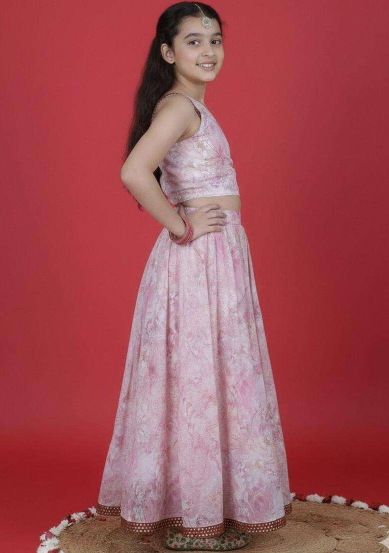 Pink Printed Organza Lehenga Set For Girls - Indya