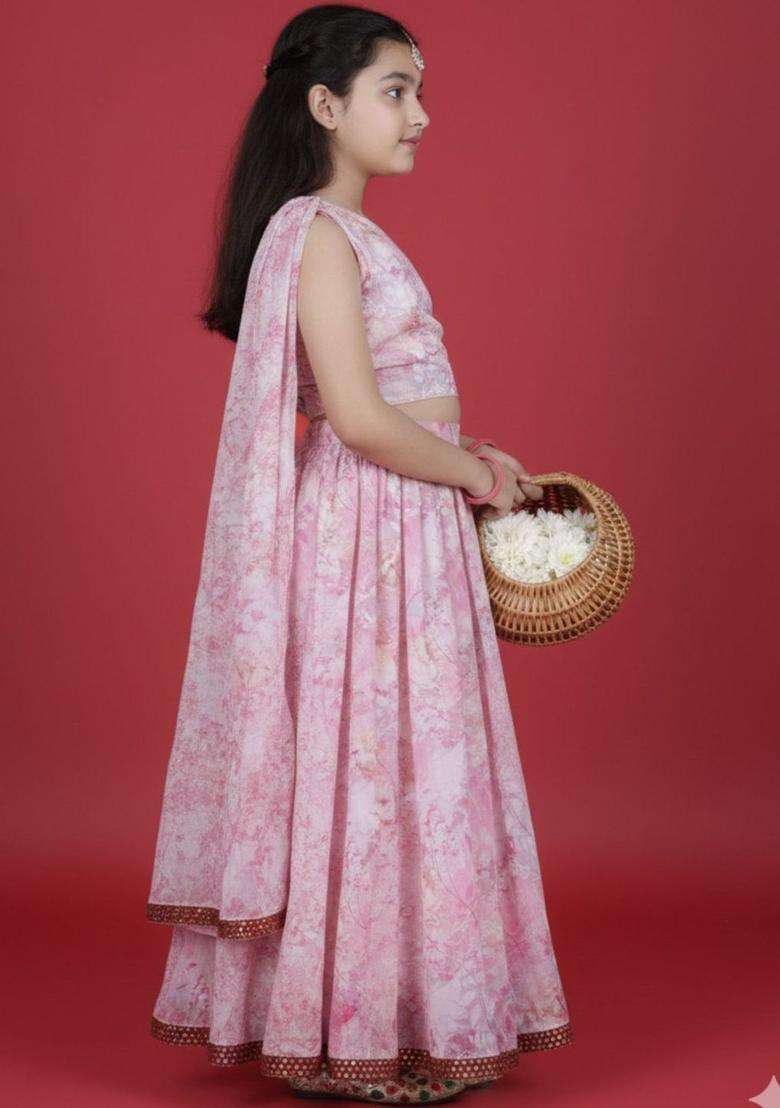 Pink Printed Organza Lehenga Set For Girls - Indya
