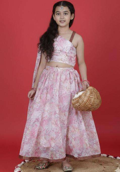 Pink Printed Organza Lehenga Set For Girls