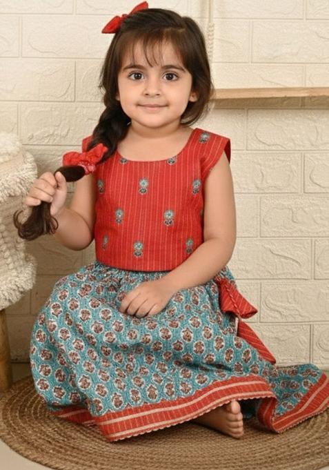 Green Printed Cotton Lehenga Set For Girls — view on Indya