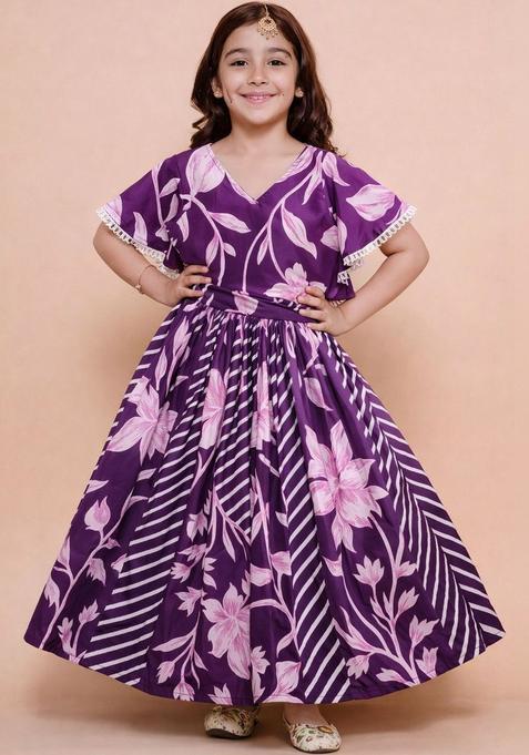 Purple Printed Cotton Lehenga Set For Girls — view on Indya