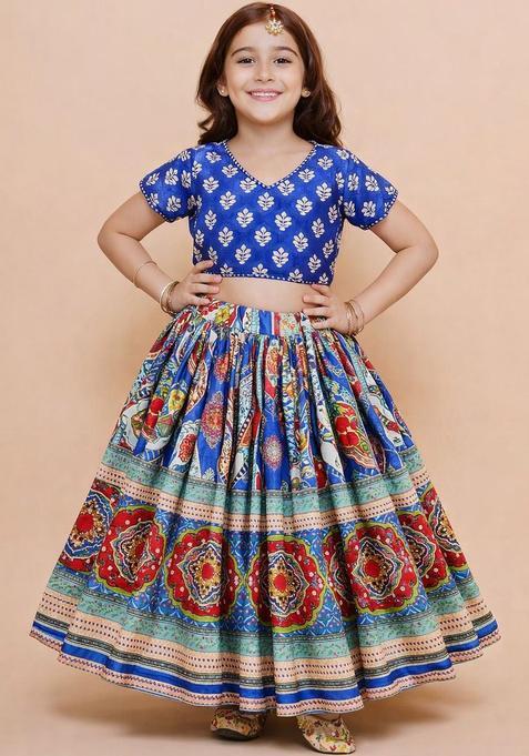Blue Printed Cotton Lehenga Set For Girls — view on Indya