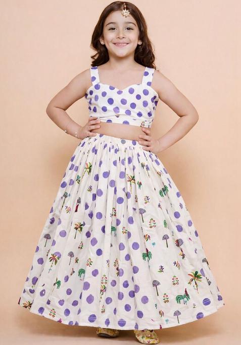 White Printed Cotton Lehenga Set For Girls — view on Indya