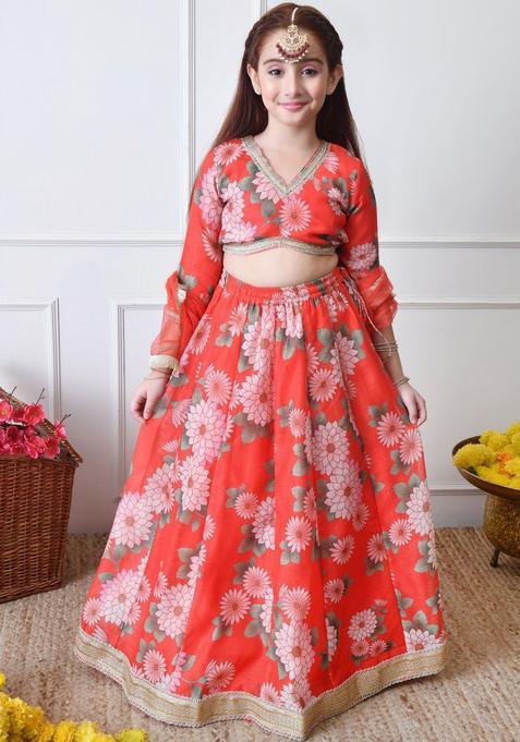 Red Printed Silk Lehenga Set For Girls — view on Indya