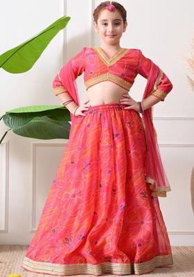 Pink Embroidered Silk Lehenga Set For Girls