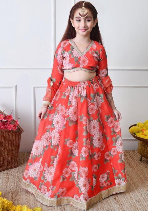 Red Embroidered Silk Lehenga Set For Girls — view on Indya