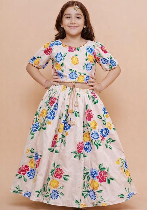 Beige Printed Cotton Lehenga Set For Girls — view on Indya