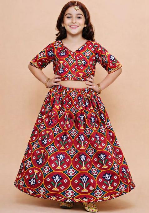 Red Printed Cotton Lehenga Set For Girls — view on Indya