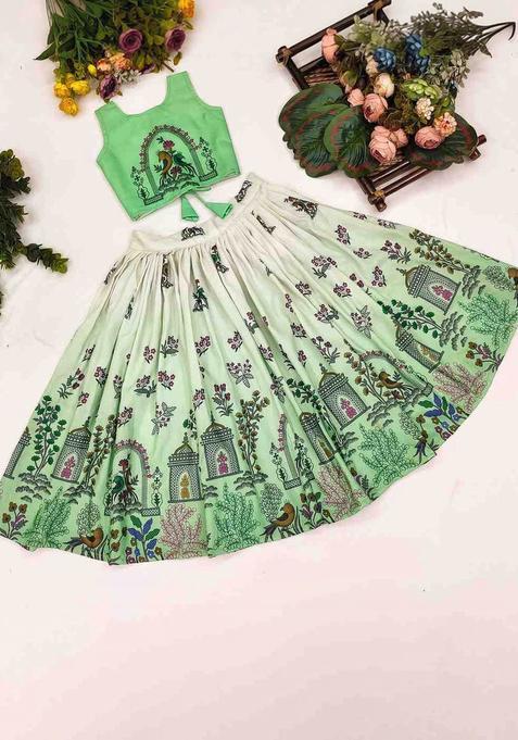 Green Printed Cotton Lehenga Set For Girls — view on Indya