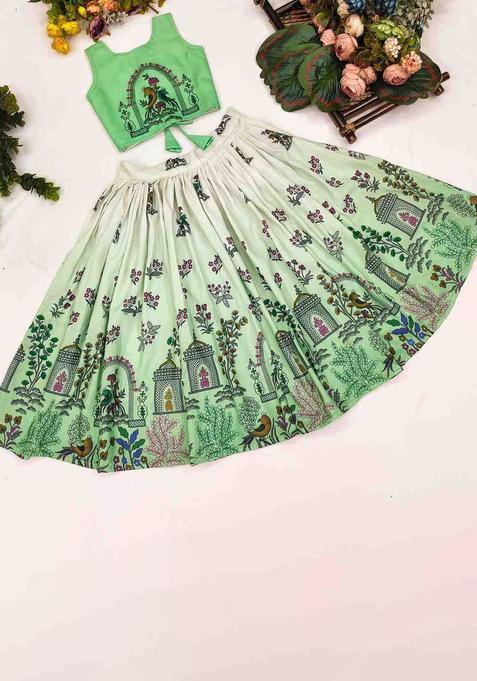 Green Printed Cotton Lehenga Set For Girls — view on Indya