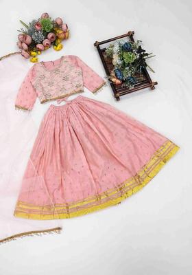 Pink Embroidered Silk Lehenga Set For Girls