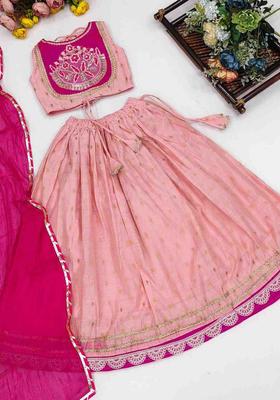 Pink Embroidered Silk Lehenga Set For Girls