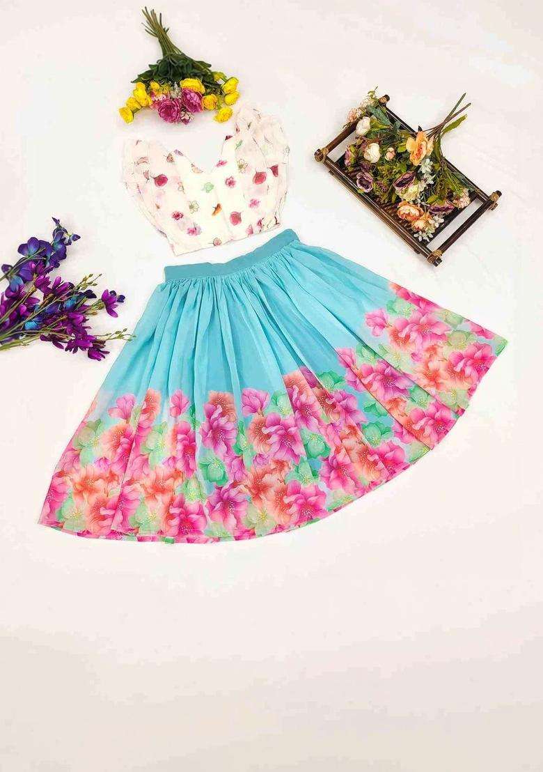 Blue Printed Georgette Lehenga Set For Girls - Indya