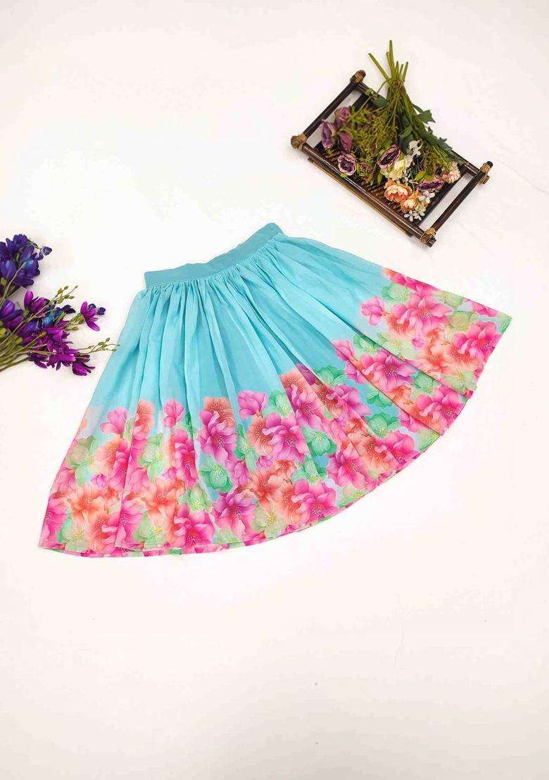 Blue Printed Georgette Lehenga Set For Girls - Indya