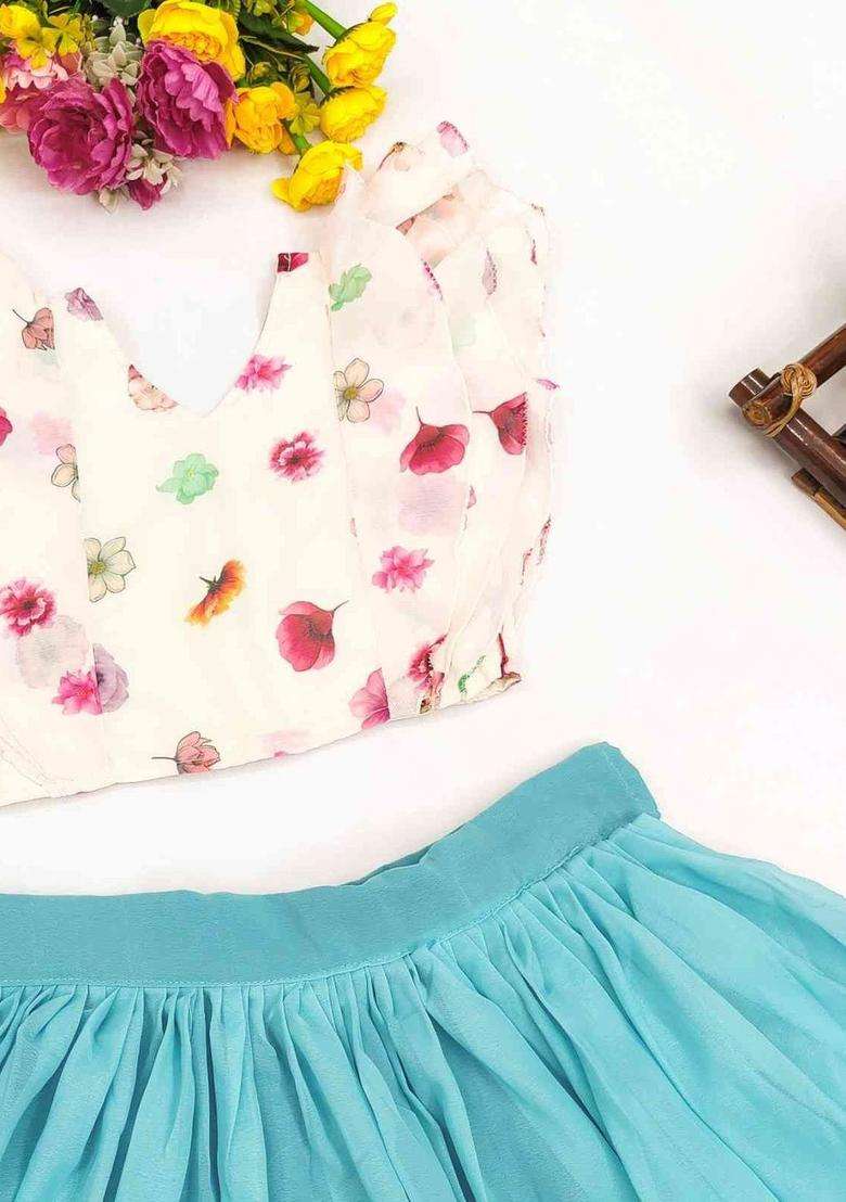 Blue Printed Georgette Lehenga Set For Girls - Indya