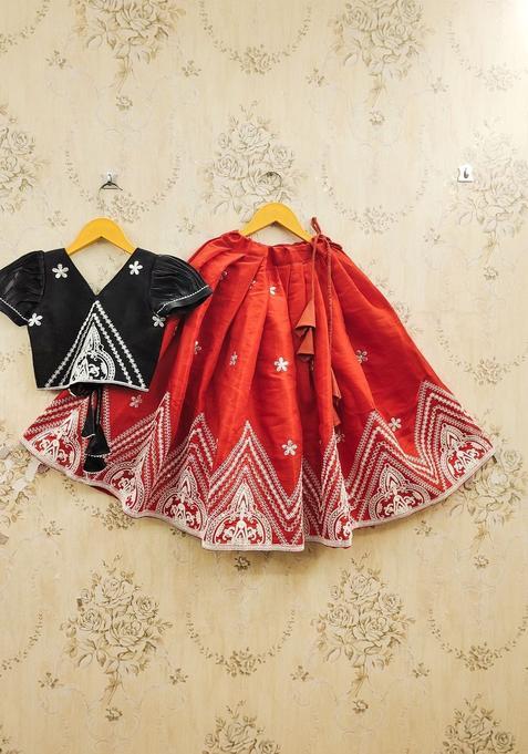Red Embroidered Silk Lehenga Set For Girls — view on Indya