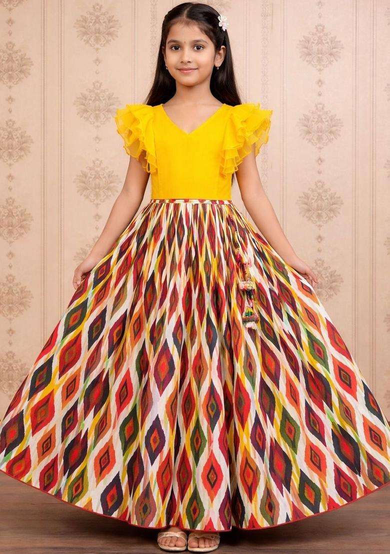Yellow Solid Viscose Lehenga Set For Girls - Indya