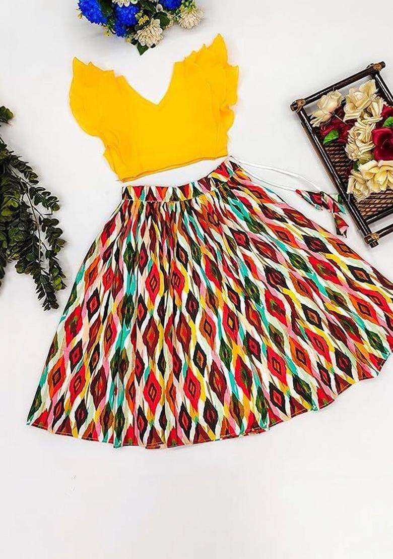 Yellow Solid Viscose Lehenga Set For Girls - Indya