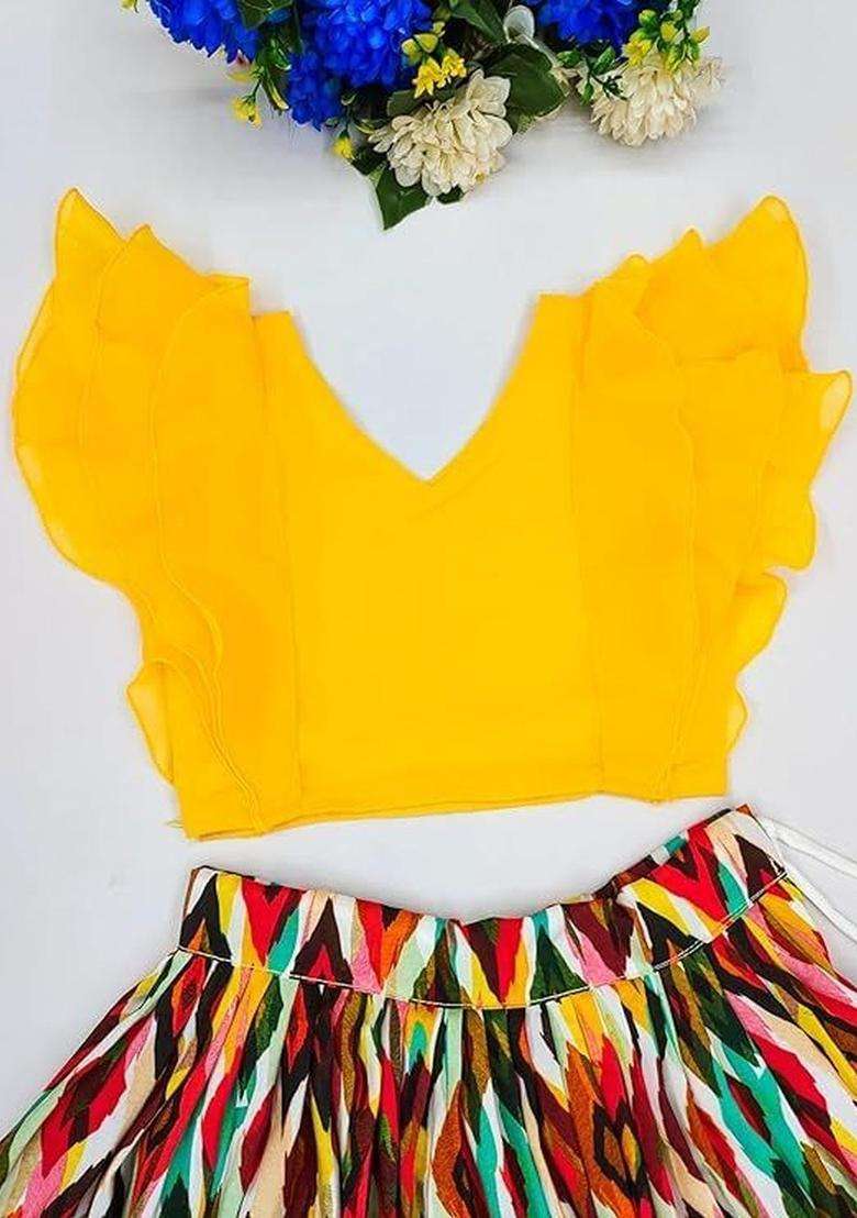 Yellow Solid Viscose Lehenga Set For Girls - Indya