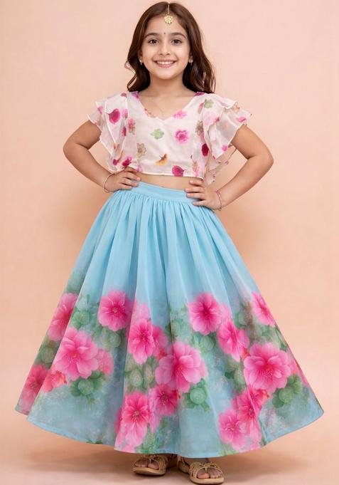 Blue Floral Georgette Lehenga Set For Girls — view on Indya
