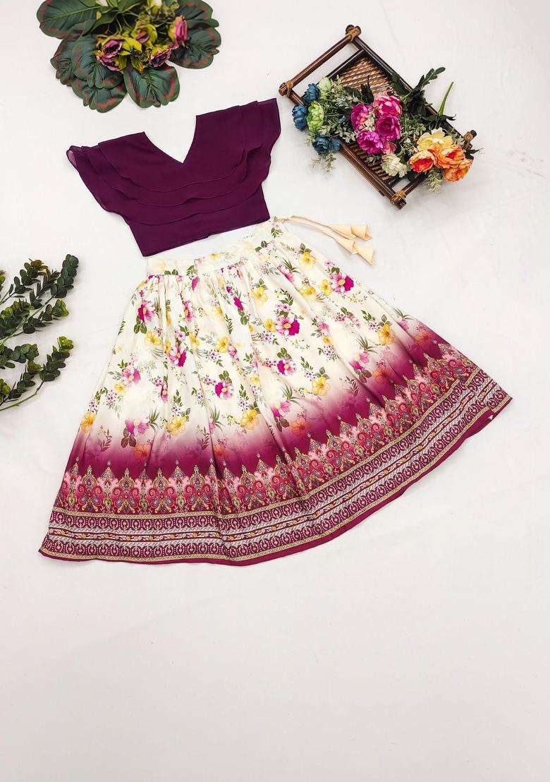White Solid Cotton Lehenga Set For Girls - Indya