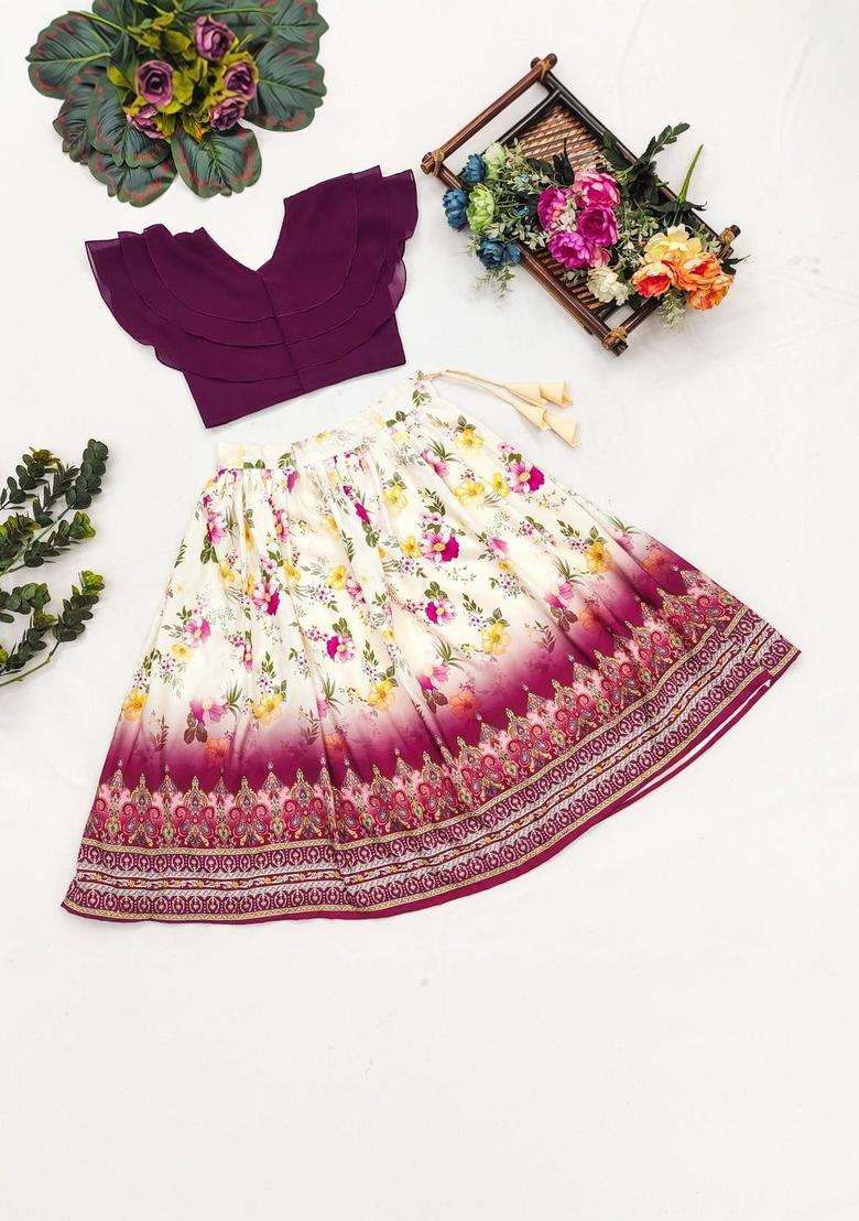 White Solid Cotton Lehenga Set For Girls - Indya